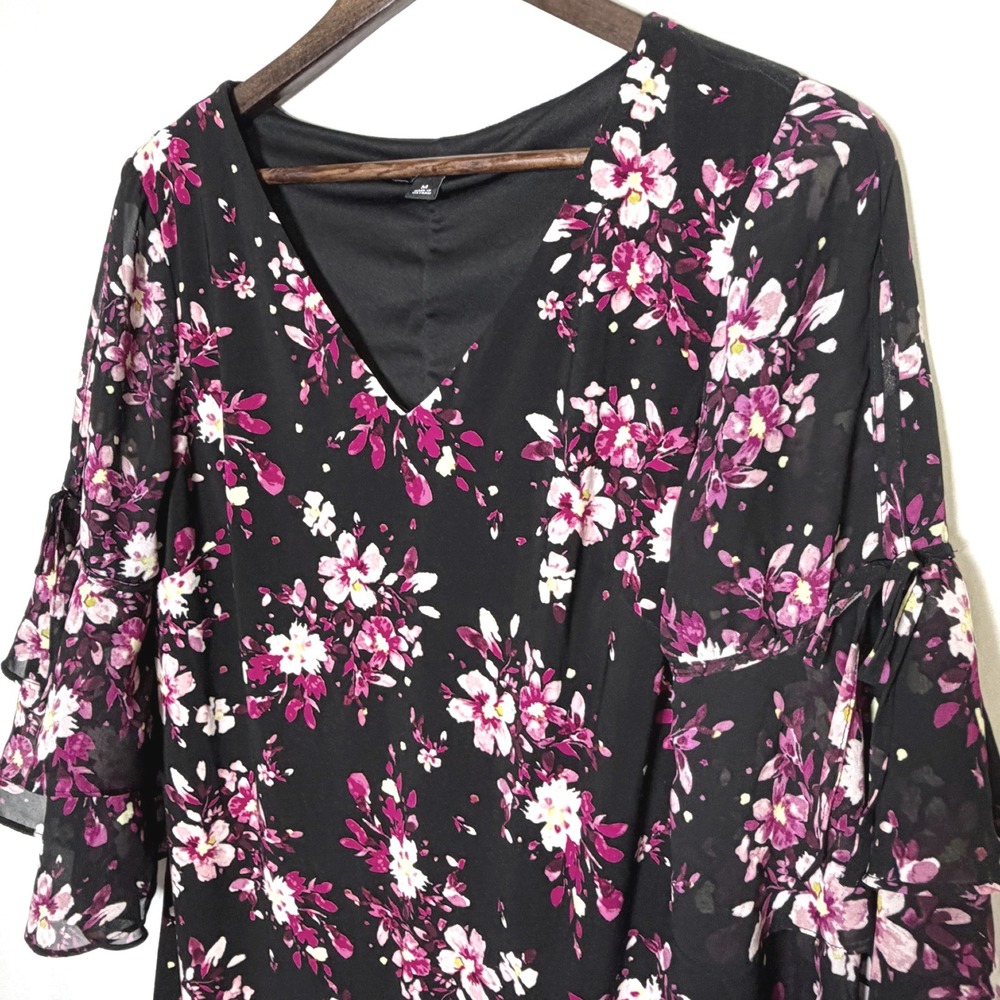 Roz & Ali Womens Floral V-Neck Tiered Bell Sleeve Shift Dress Black Pink Size M